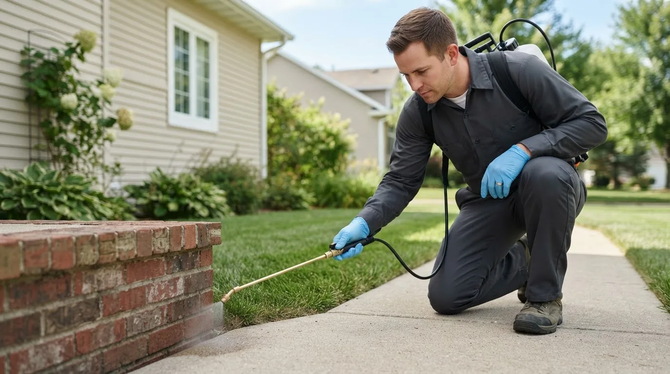 Pest control technician treating a home near Kossuth, PA