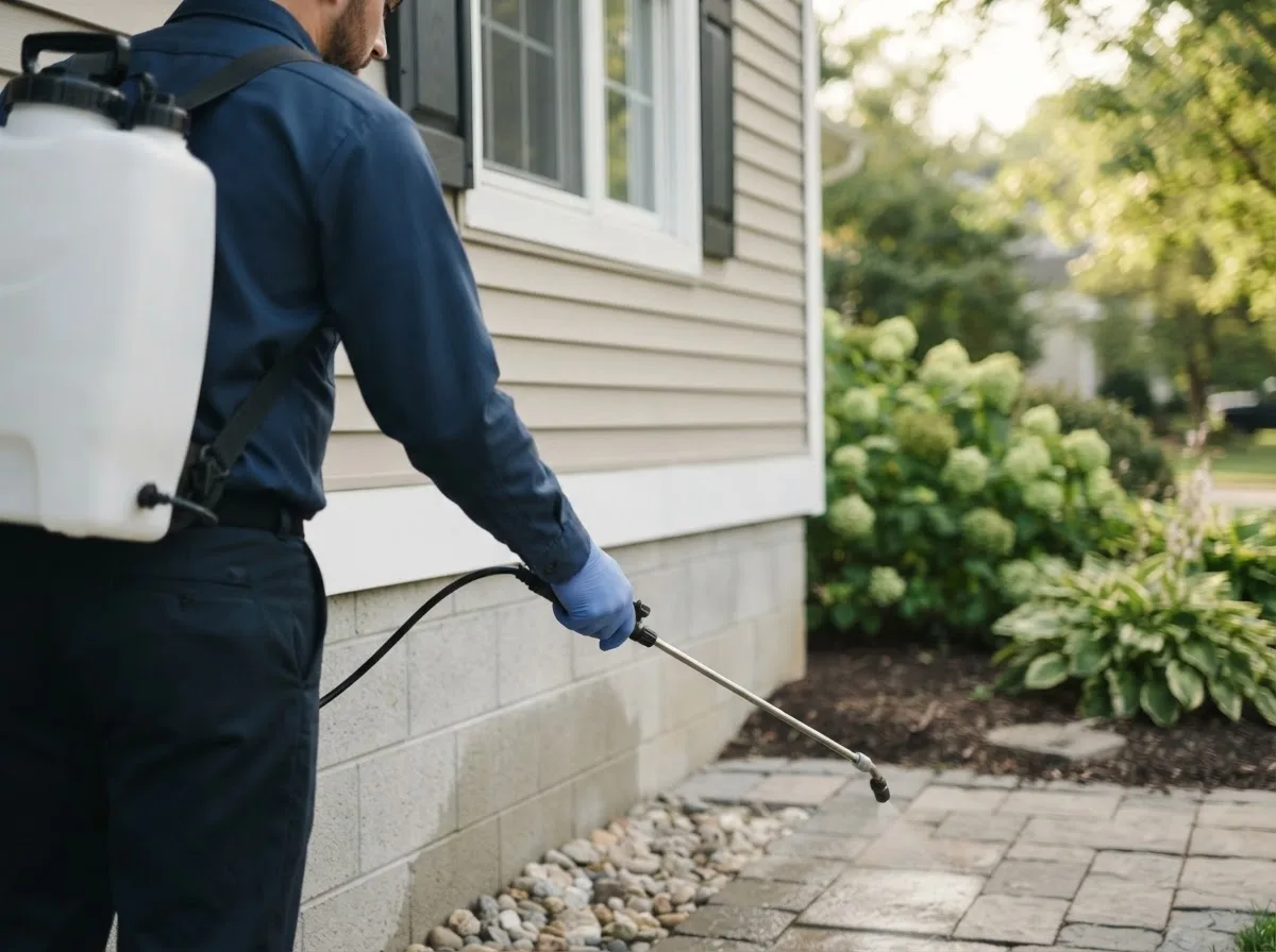 Pest control technician inspecting a home in Kossuth, PA